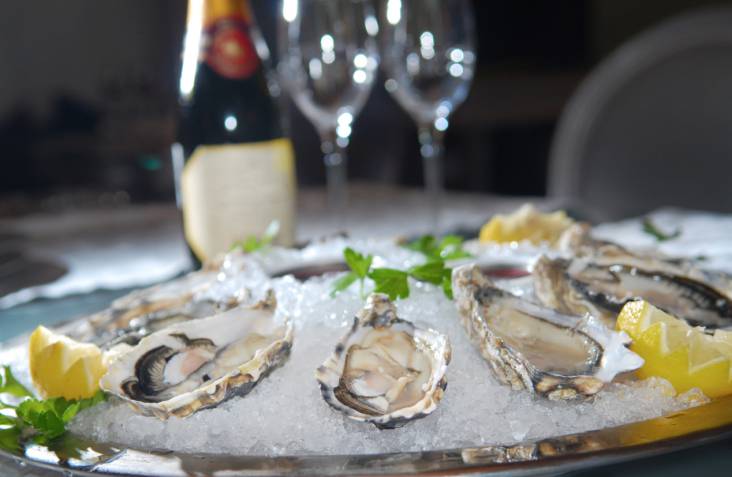 Oysters in ice with a lemon and wine