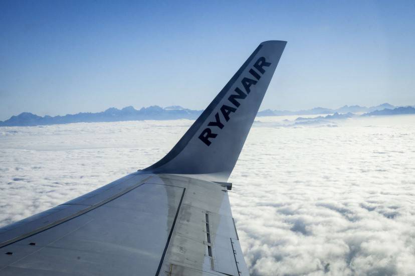 A picture shows the logo of Irish low-cost carrier Ryanair on the wing of a plane flying over the Italian Alps on July 1, 2015. AFP PHOTO / OLIVIER MORIN (Photo credit should read OLIVIER MORIN/AFP/Getty Images)