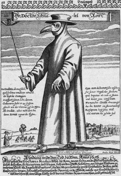 Circa 1656, A plague doctor in protective clothing. The beak mask held spices thought to purify air, the wand was used to avoid touching patients. Original Artwork: Engraving by Paul Furst after J Colombina (Photo by Hulton Archive/Getty Images)