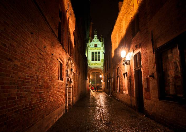 Night belgium street after the rain