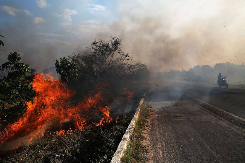 ZE DOCA, BRAZIL - NOVEMBER 23:  A fire burns along a highway in a deforested section of the Amazon basin on November 23, 2014 in Ze Doca, Brazil. Fires are often set by ranchers to clear shrubs and forest for grazing land in the Amazon basin. The non-governmental group Imazon recently warned that deforestation in the Brazilian Amazon skyrocketed 450 percent in October of this year compared with the same month last year. The United Nations climate change conference begins December 1 in neighboring Peru.  (Photo by Mario Tama/Getty Images)