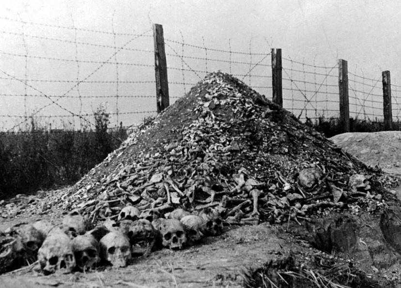 LUBLIN, POLAND:  A pile of human bones and skulls is seen in 1944 at the Nazi concentration camp of Majdanek in the outskirts of Lublin, the second largest death camp in Poland after Auschwitz, following its liberation in 1944 by Russian troops. (Photo credit should read AFP/Getty Images)