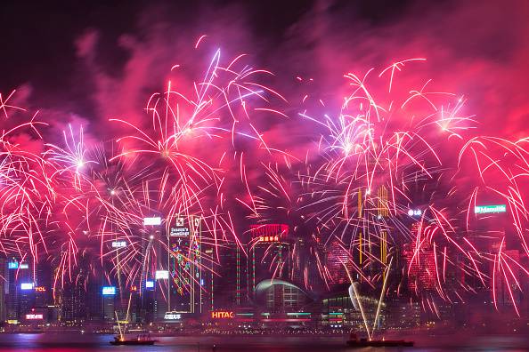 Fireworks explode over Victoria Harbour during Lunar New Year celebrations in Hong Kong on February 9, 2016. The Lunar New Year of the Monkey began on February 8. AFP PHOTO / DALE DE LA REY / AFP / DALE de la REY        (Photo credit should read DALE DE LA REY/AFP/Getty Images)