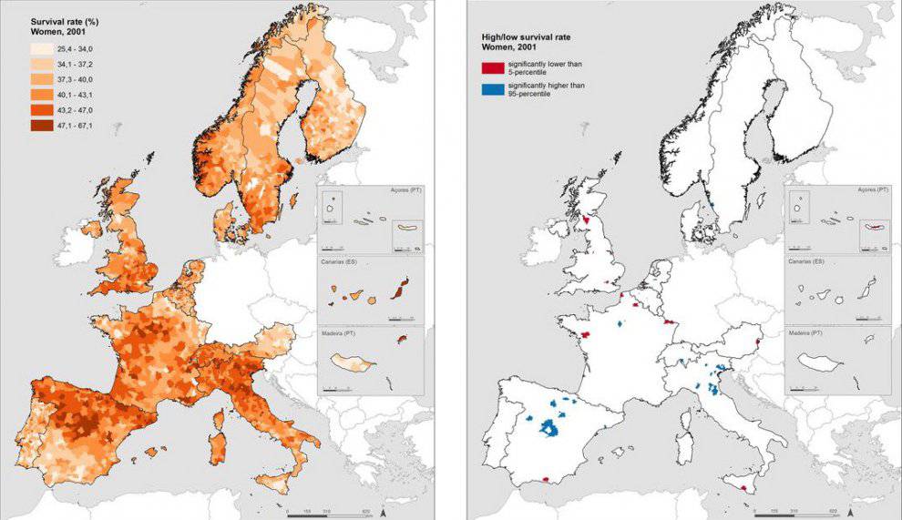 Le aree più scure nella mappa sono quelle in cui la percentuale di 'sopravvissuti' è via via più alta  @ Journal of epidemiology and community health