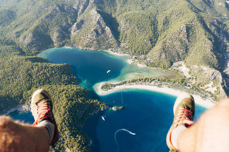 Point of view paragliding over Oludeniz Blue Lagoon. POV.