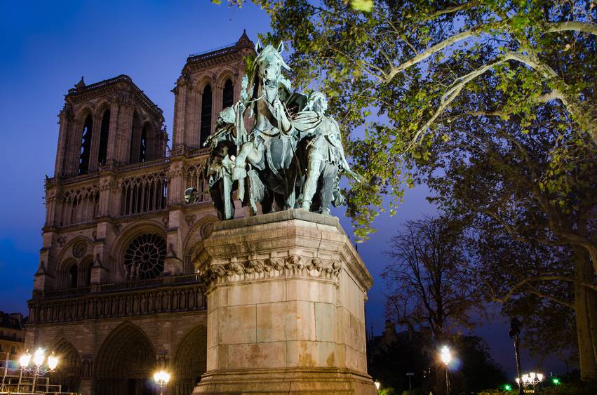 notre dame cathedral and chalemagne monument - paris - france