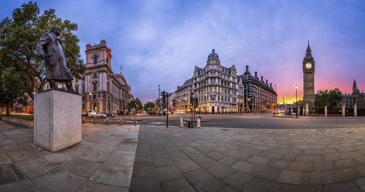 Panorama of Parliament Square and Queen Elizabeth Tower in London, United Kingdom