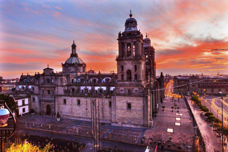 Metropolitan Cathedral and President's Palace in Zocalo, Center of Mexico City Mexico Sunrise