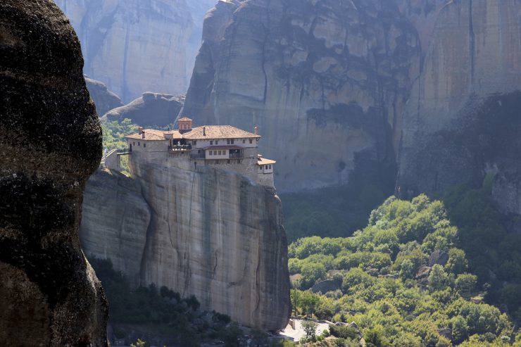 Monastery in the mountains. View of the mountain valley. Thessaly. Kalambaka. Meteora