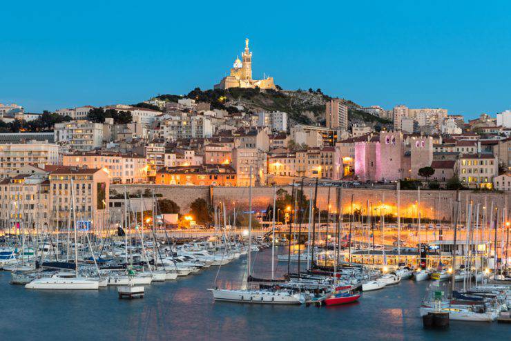 Basilique Notre-Dame de la Garde from the harbour in Marseille, France, Europe.