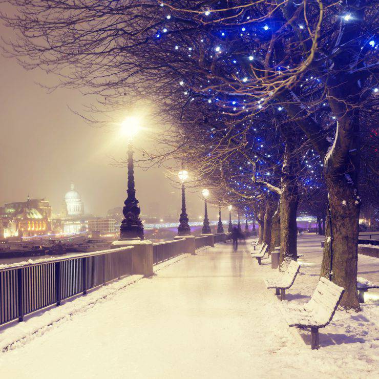 View of St Paul's Cathedral from the Queen's Walk at Christmas in London.