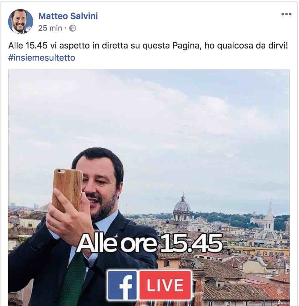 Avviso Salvini della sua diretta su fb del 29 maggio 2018