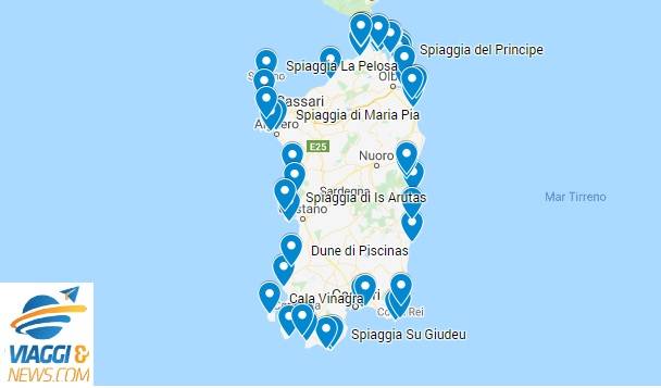 la cartina con le spiagge della Sardegna