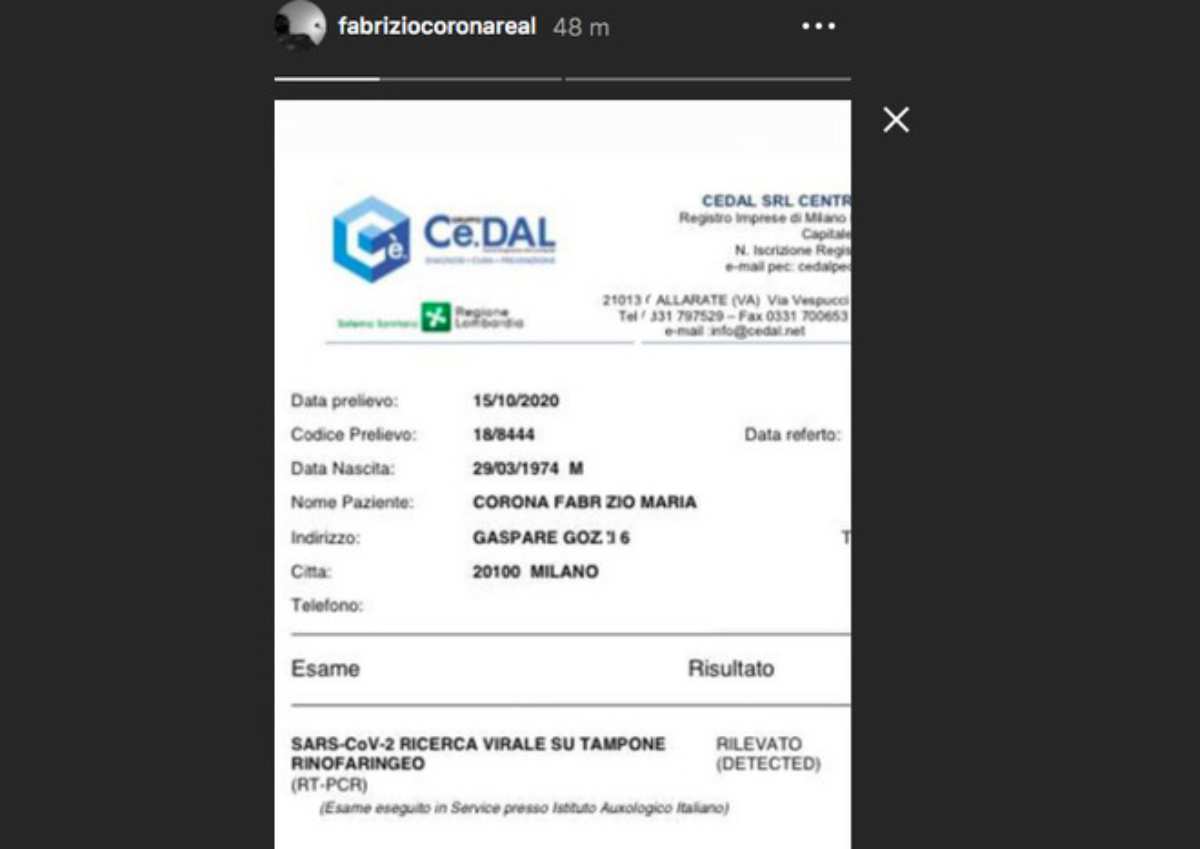 Fabrizio Corona Pubblica Il Referto Del Tampone Anche Carlos Positivo 