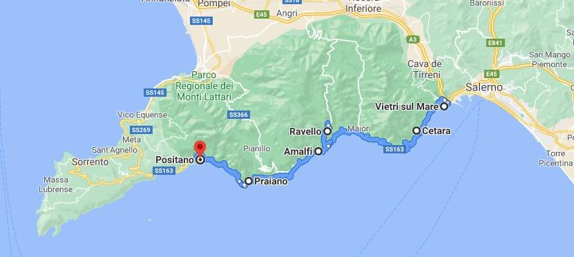 Mappa da Vietri sul Mare a Positano Itinerario della Costiera Amalfitana: