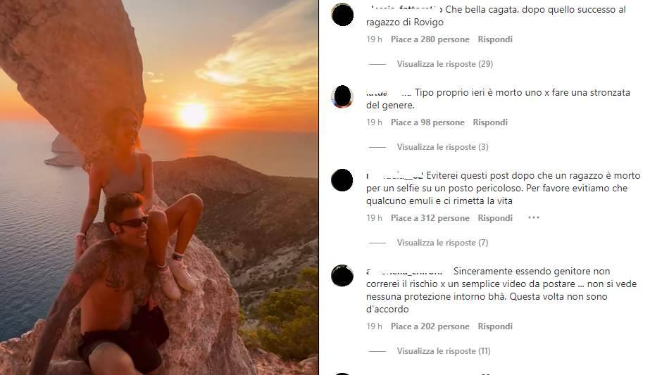 Screen da Instagram dei commenti accanto al reel di Chiara Ferragni e Fedez
