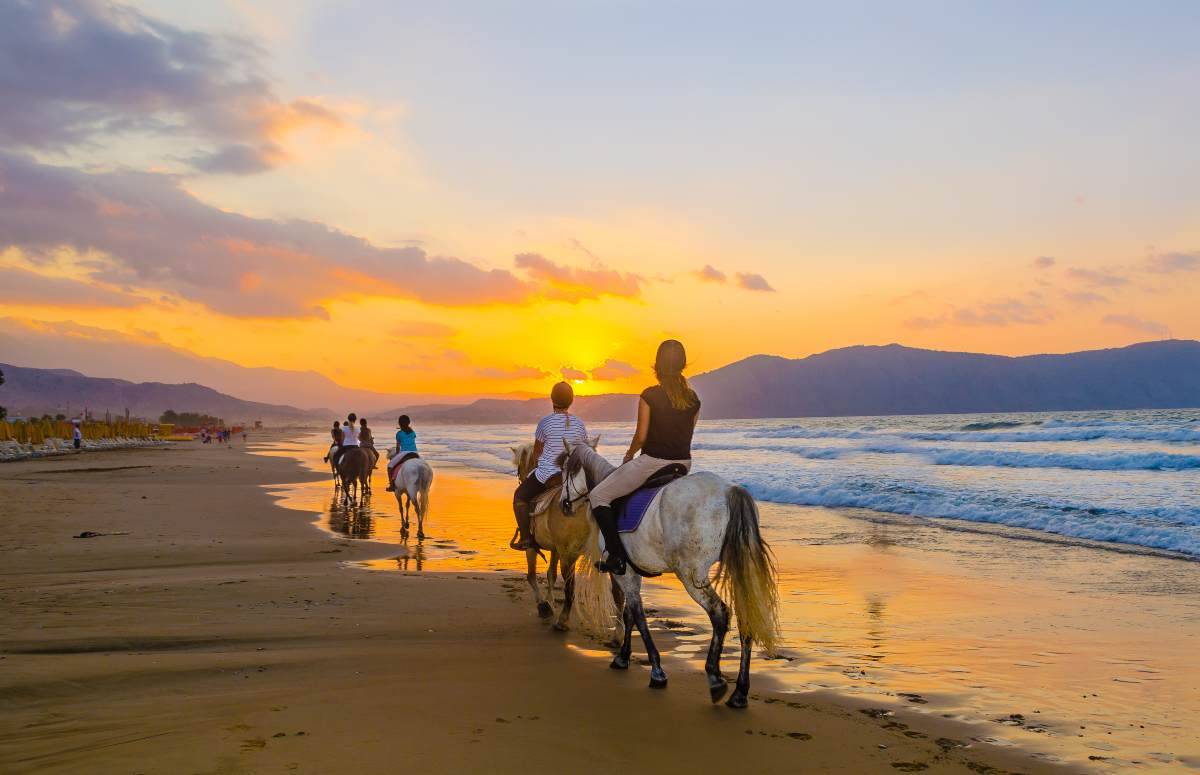 Cavalli con turisti in sella passeggiano sulla spiaggia al tramonto