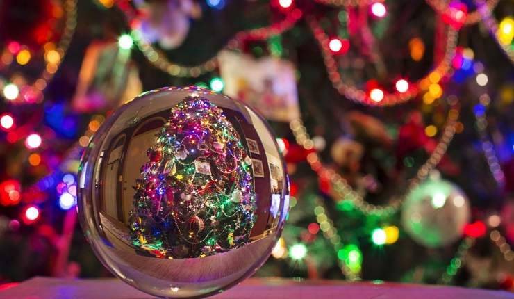 pallina di Natale in cu si riflette un albero illuminato