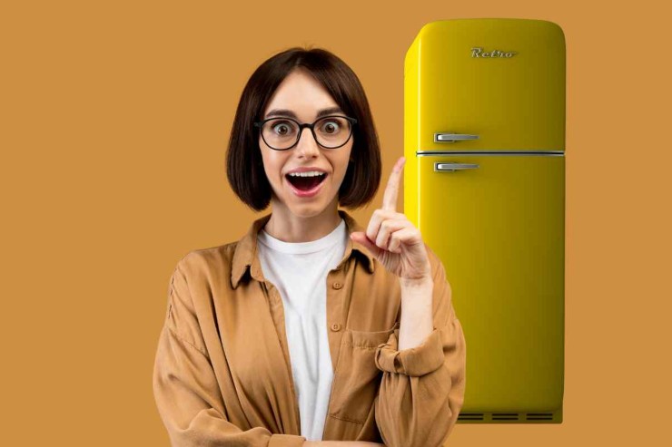 Donna con idea e frigo giallo