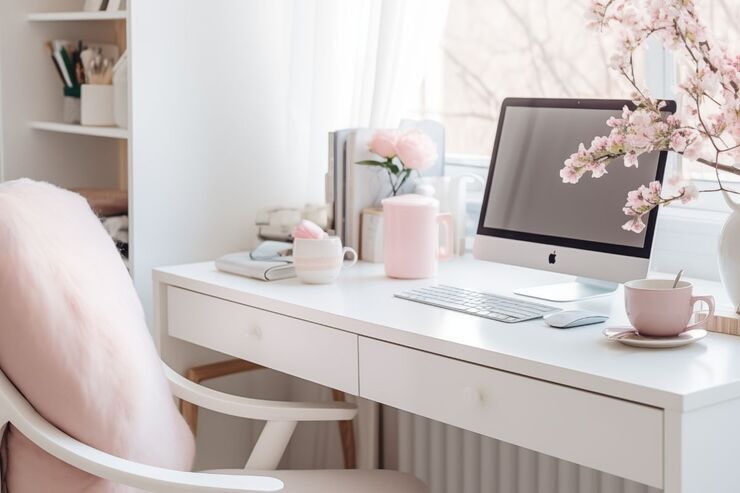 Scrivania con PC, poltrona rosa e altri dettagli rosa, vasi con fiori, tazza