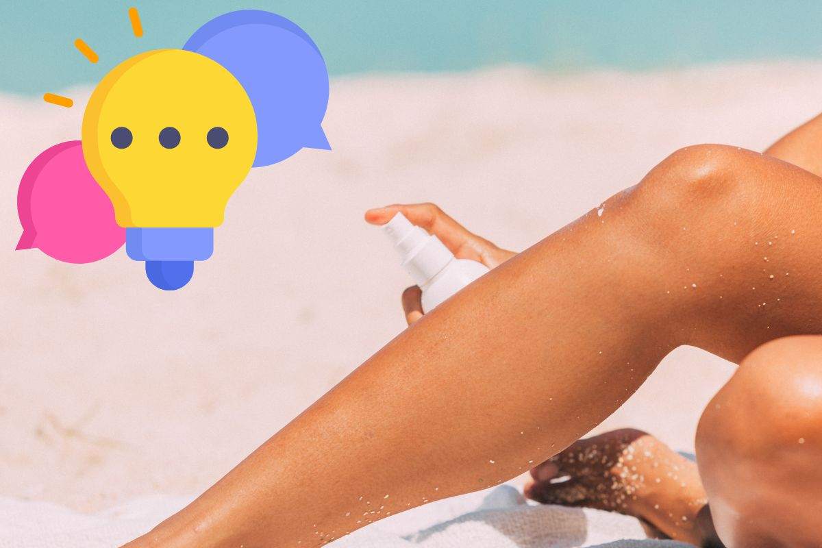 Donna che mette spray solare e nuvolette
