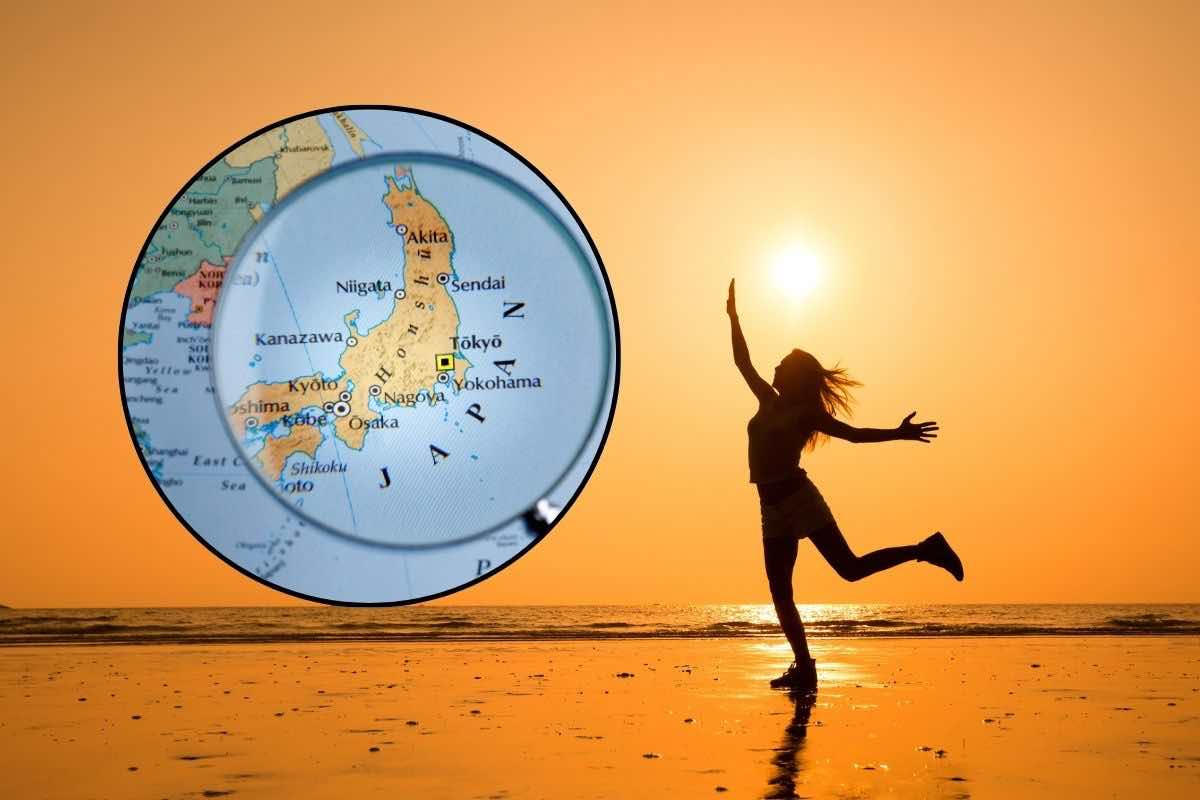 Donna in spiaggia e mappa Giappone