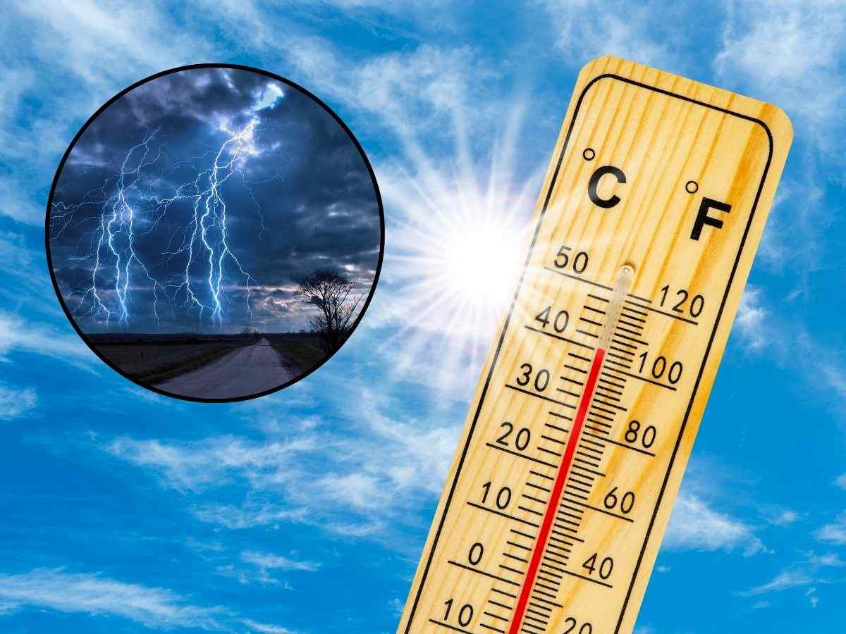 sfondo termometro indicante caldo e tondo con tempesta