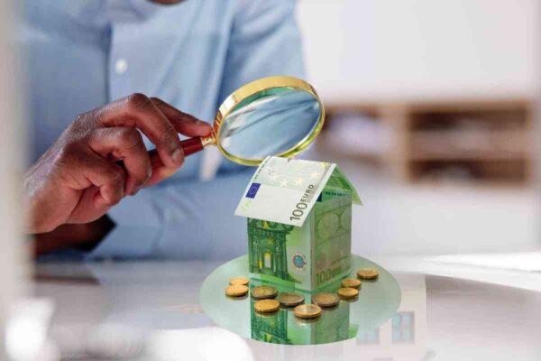 Guardare casa di euro con lente di ingrandimento