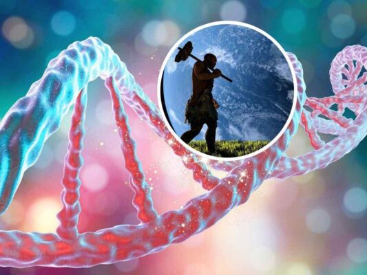 sfondo catena DNA e tondo con uomo di Neanderthal