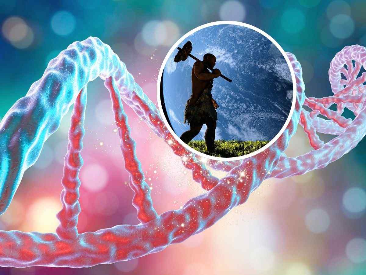 sfondo catena DNA e tondo con uomo di Neanderthal