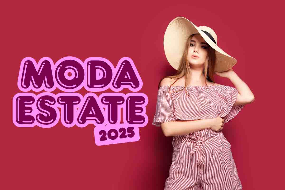 Donna con outfit rosa e scritta "Moda estate 2025"