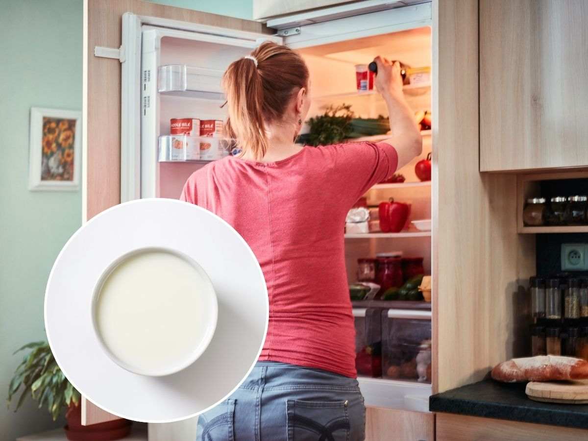 sfondo donna prende yogurt da frigo e tondo con ciotola di yogurt bianco