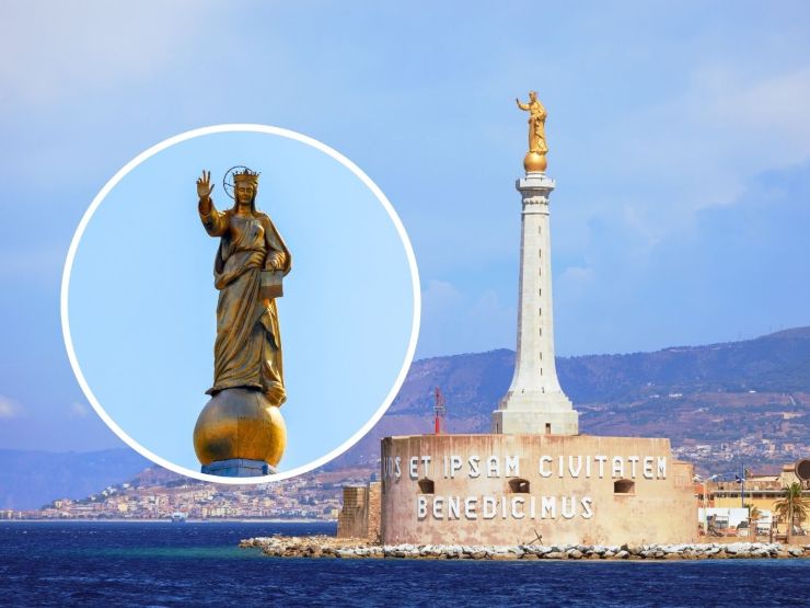 sfondo Statua della Madonna della lettera Messina e tondo con primo piano statua