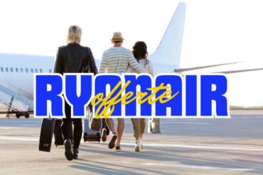 Persone vicino ad aereo e scritta "Ryanair offerte"