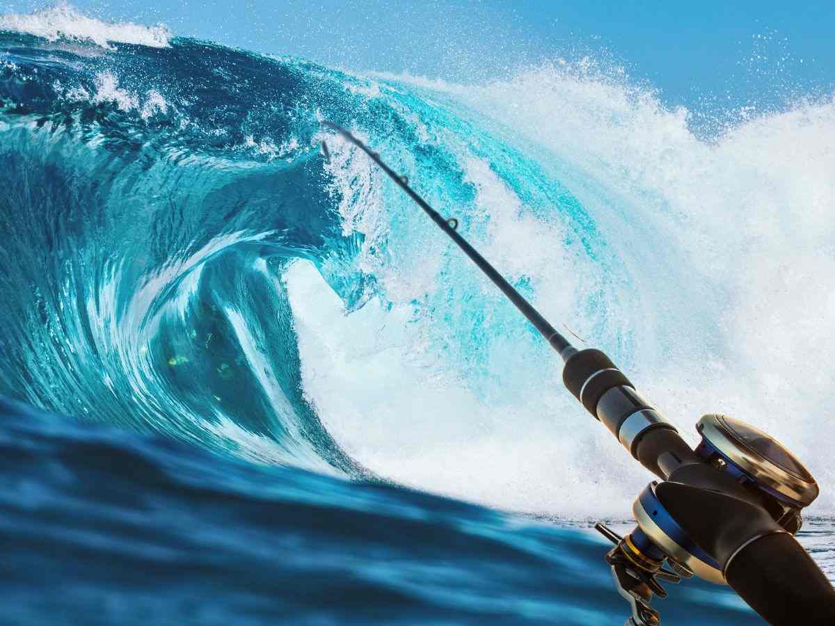 sfondo onda mare e canna da pesca