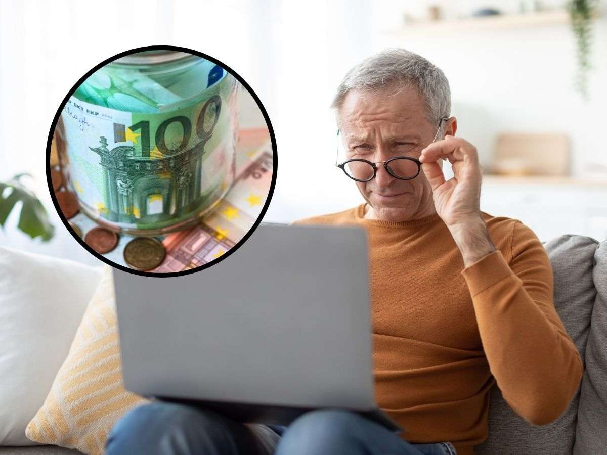 sfondo anziano al pc e tondo con barattolo euro