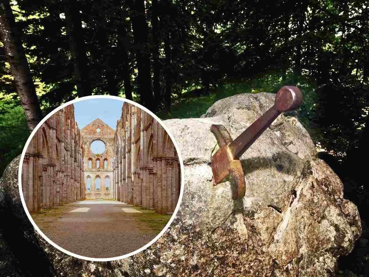 sfondo spada nella roccia e tondo con ruderi