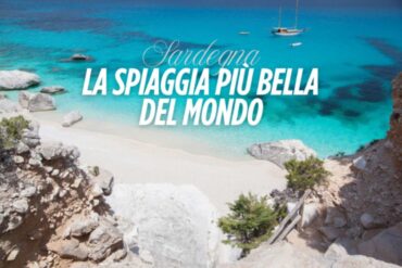 Cala Goloritzè sullo sfondo e scritta "Sardegna, la spiaggia più bella del mondo"