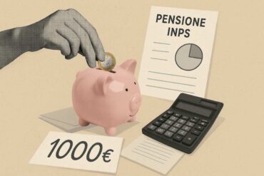 Collage salvadanaio, foglio con critto "pensione INPS", calcolatrice e scritta 1000€