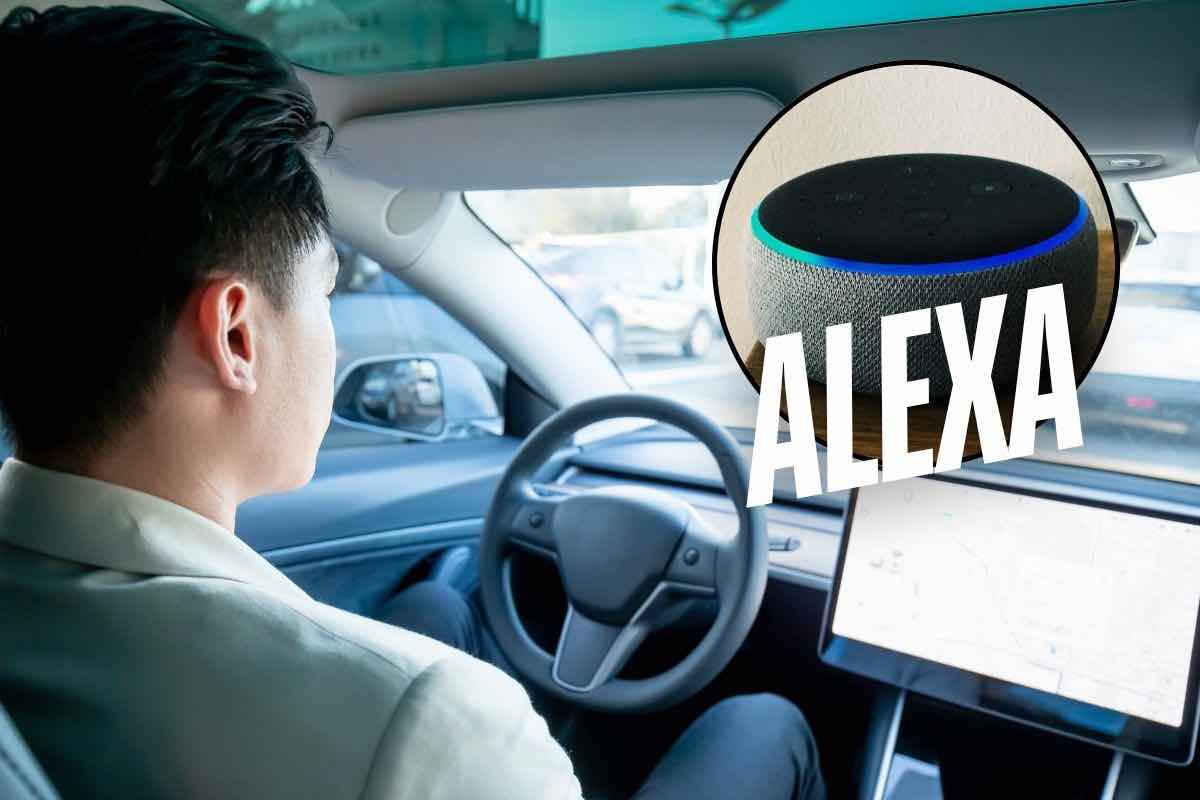Persona che guida in auto e Alexa Amazon