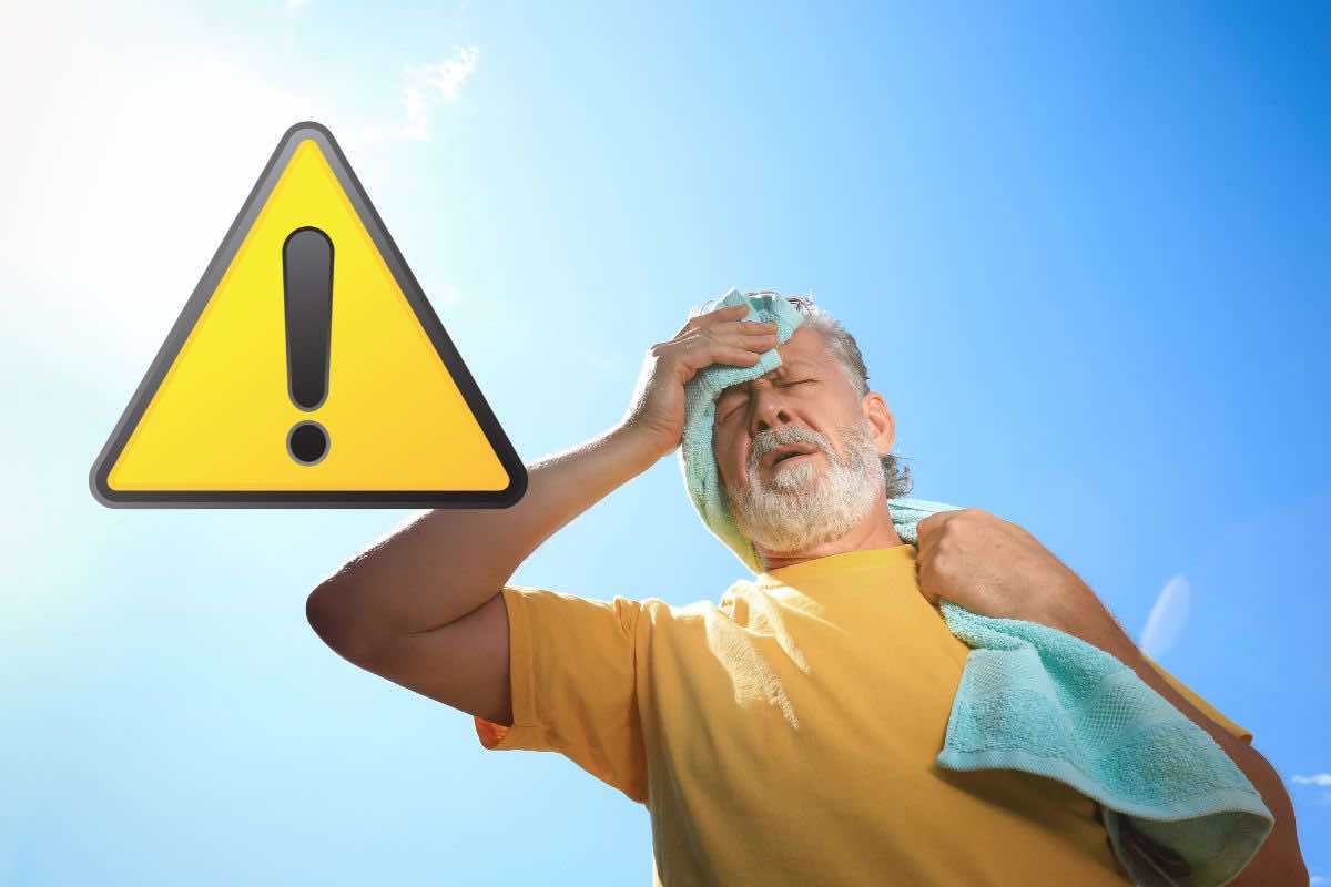 Uomo sudato al sole e simbolo pericolo