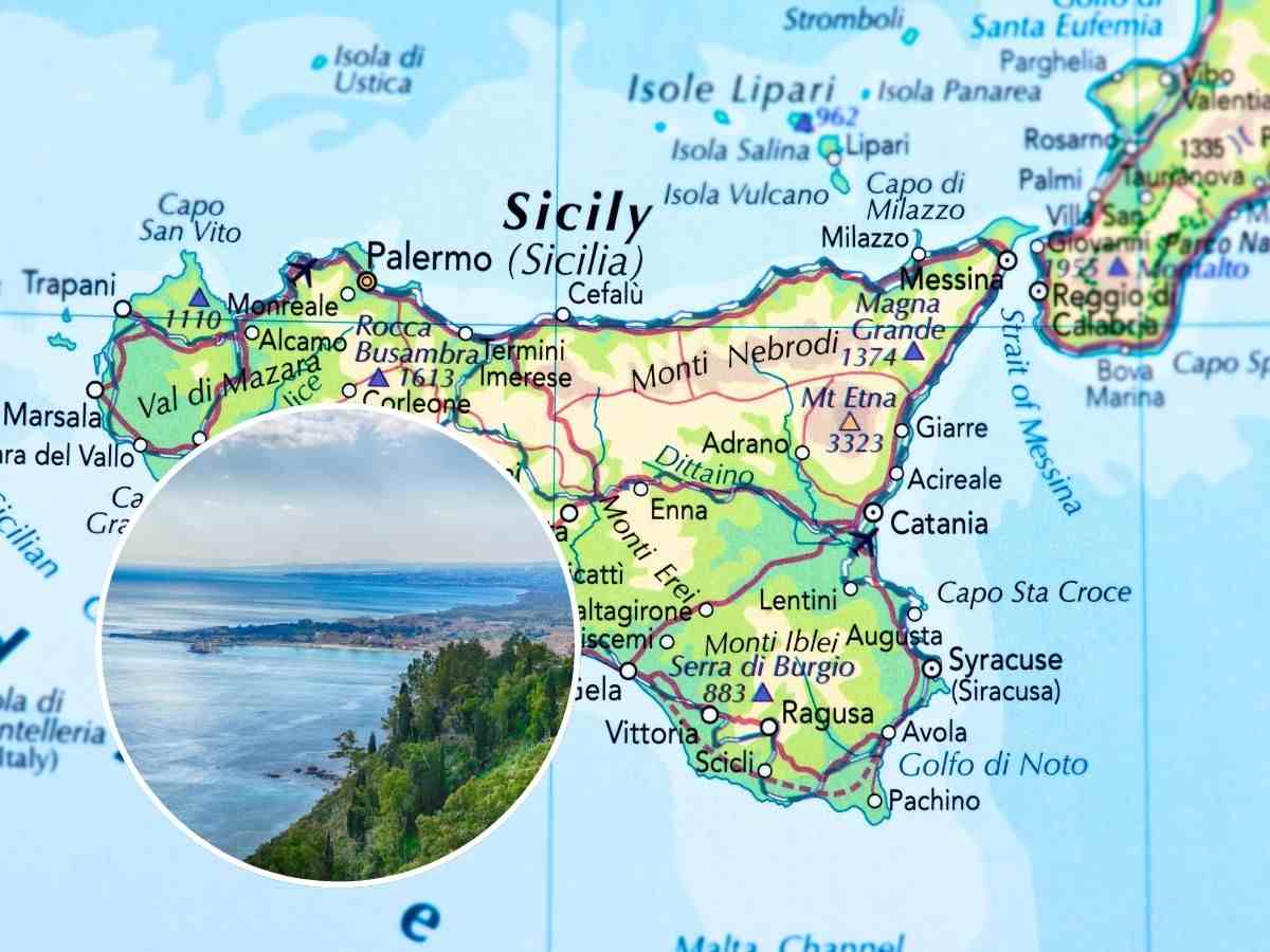 sfondo cartina Sicilia e tondo con mare e isola