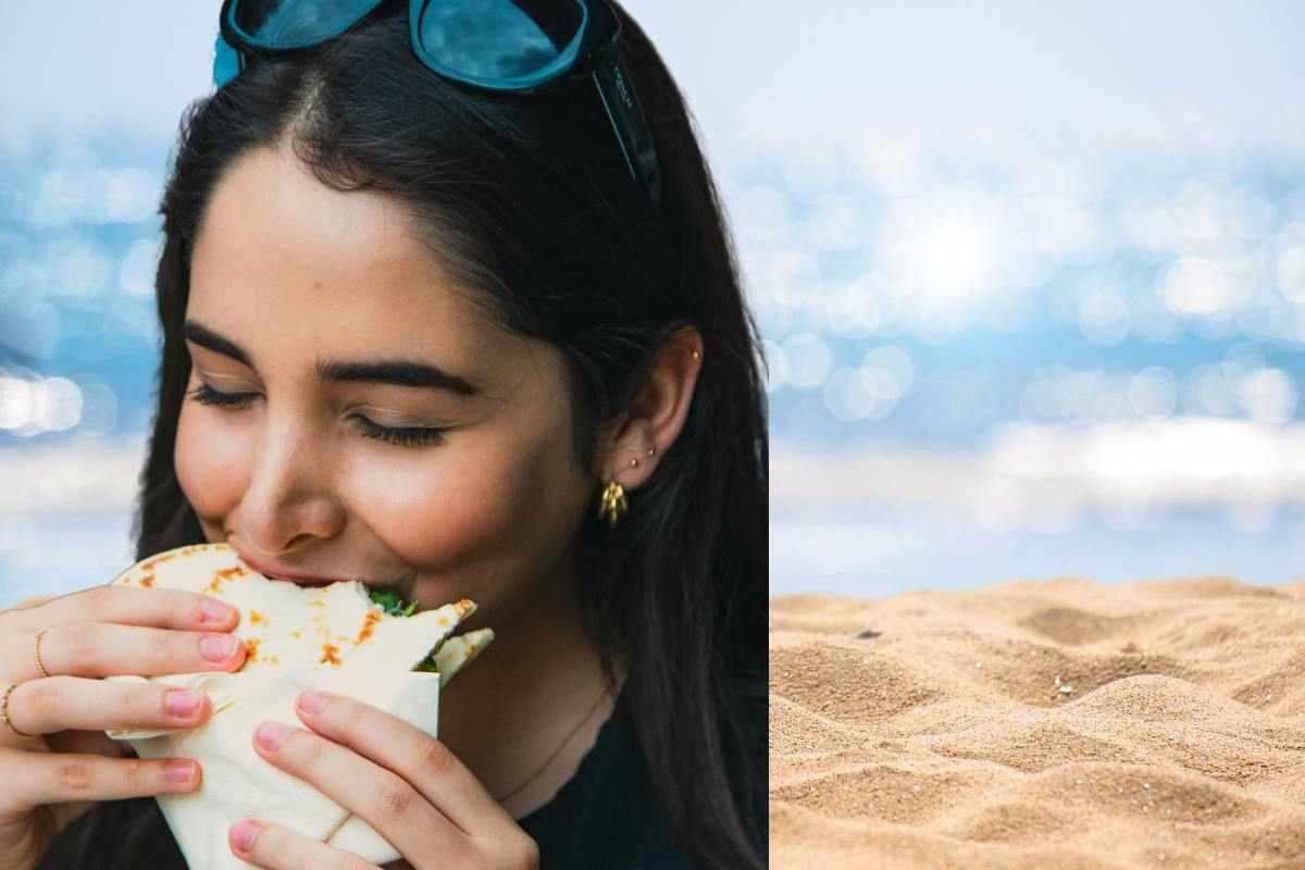 ragazza mangia piadina e spiaggia