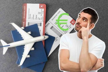 uomo che pensa sfondo aereo e biglietti viaggio