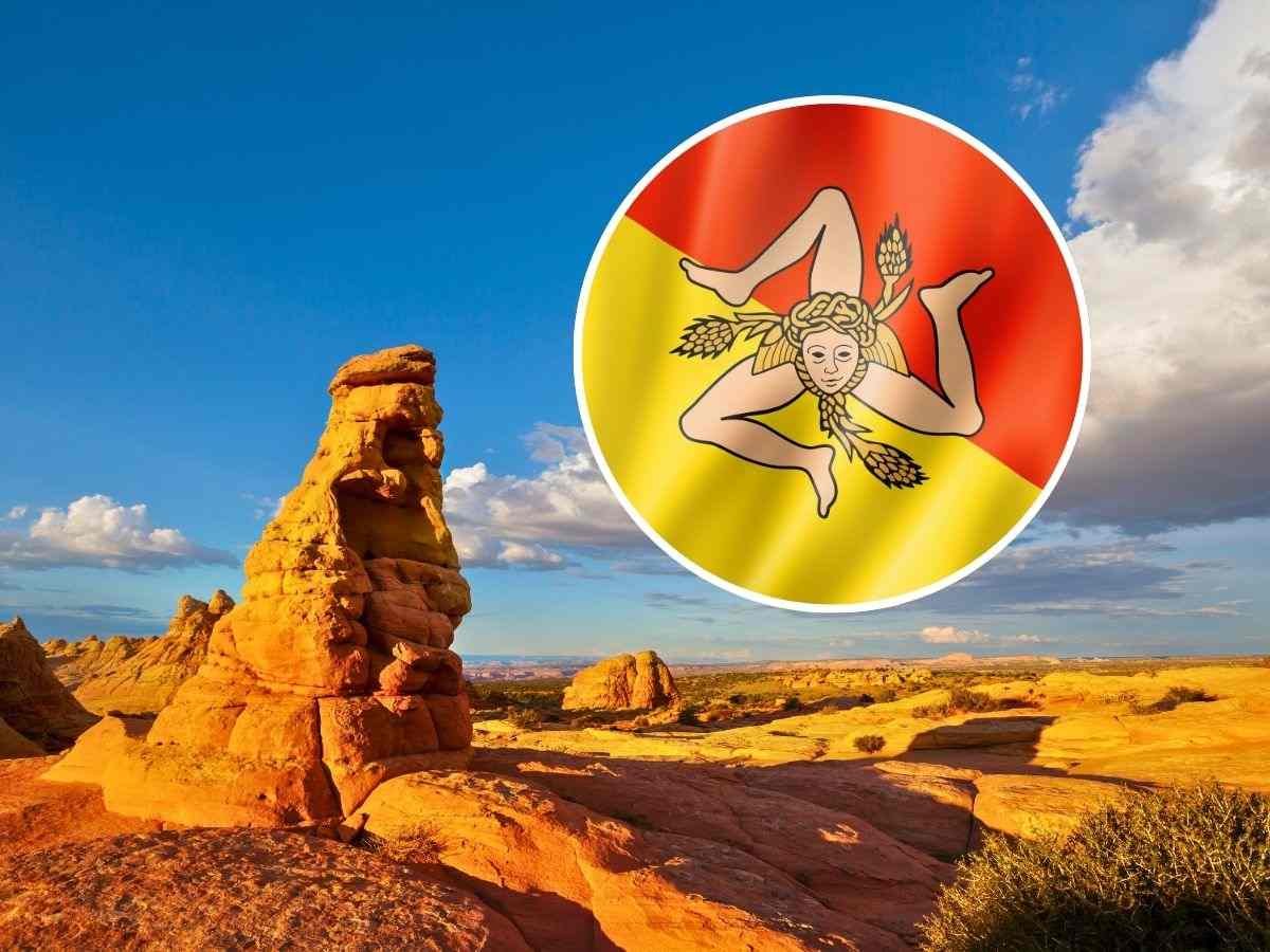 sfondo Stonehenge siciliana e tondo con bandiera Sicilia