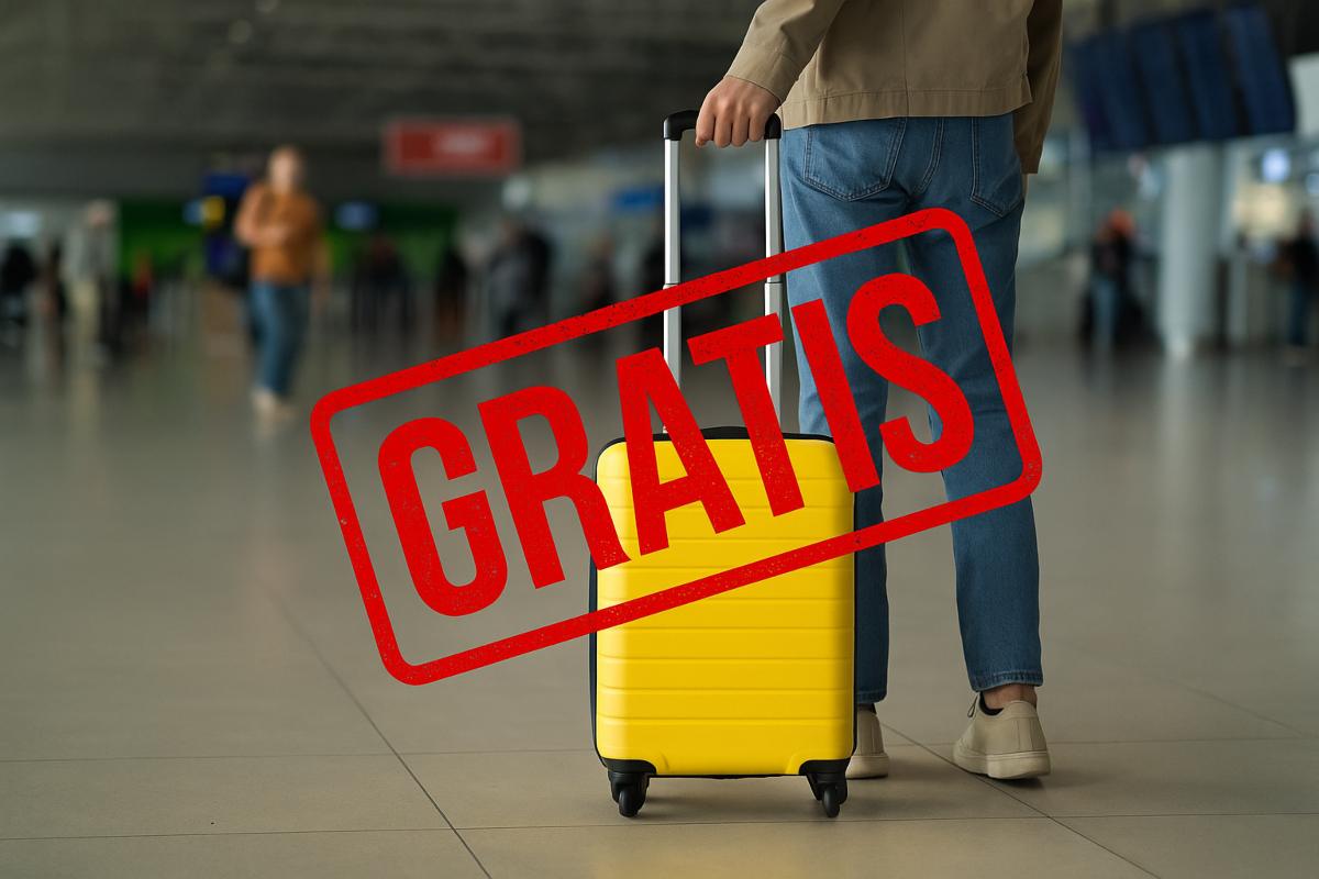 Ragazza in aeroporto con un bagaglio a mano giallo e scritta "gratis" in primo piano