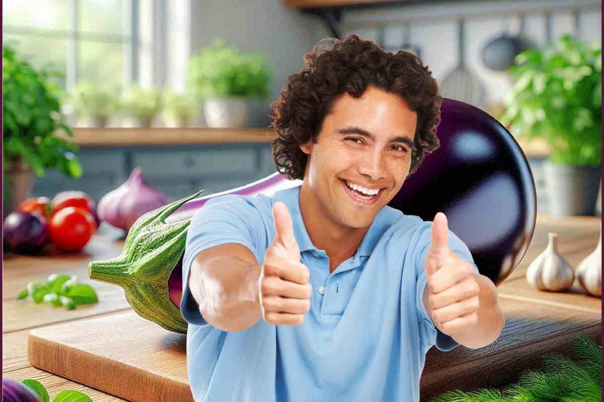 Melanzana e ragazzo sorridente