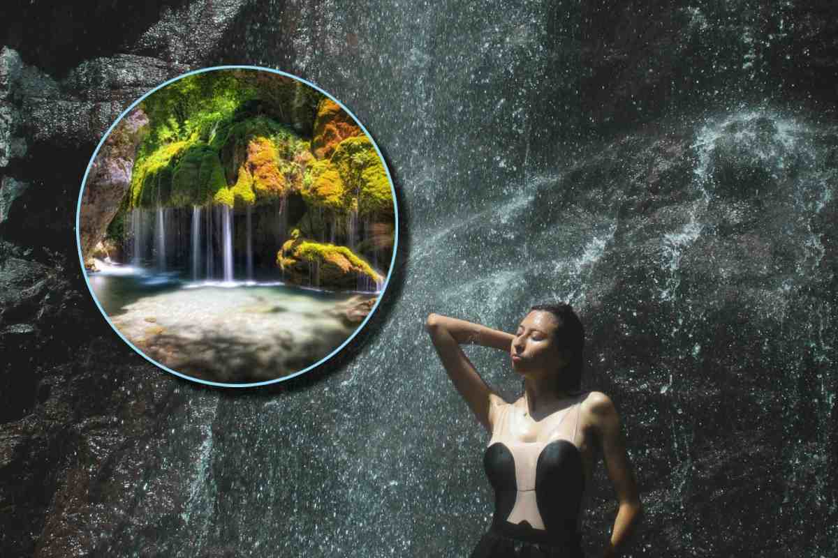 Una donna sotto una cascata e, in evidenza, la cascata Capelli di Venere in Cilento