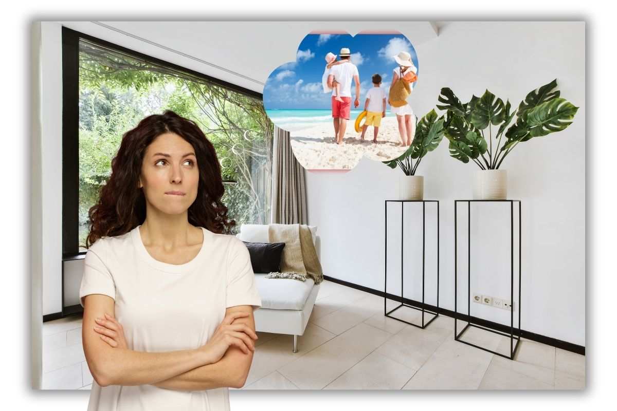 donna che pensa, famiglia in vacanza e salotto