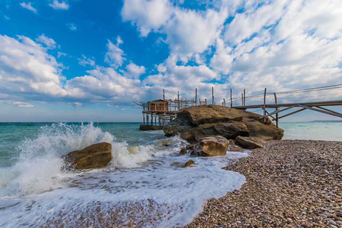 onde si infrangono su riva con ponti in sottofondo